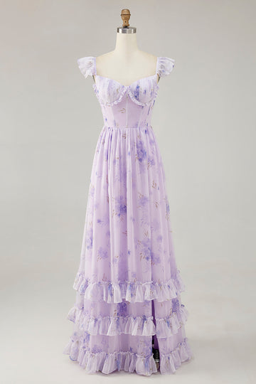 Vestido de dama de honor con volantes de una línea con estampado de flores de lavanda con abertura